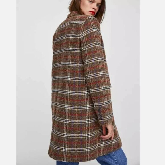 ZARA BROWN CHECKED SINGLE BREASTED WOOL & ALPACA COAT SIZE M - Picture 4 of 12